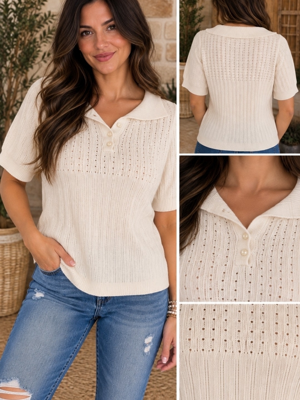 Ivory Pointelle Knit Short Sleeve Collared Sweater Top